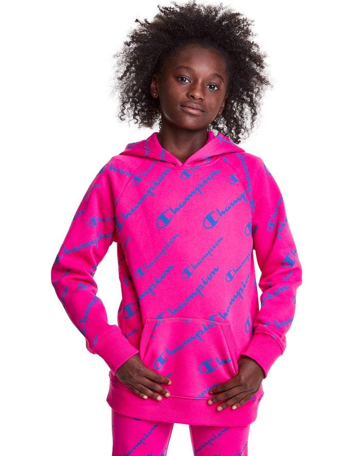 Champion Girls Hoodie NZ - Fleece Raglan Allover Logo Pink ( 4609-HJEKA )